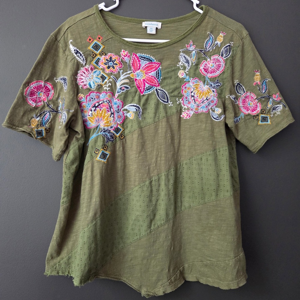 Sundance XS Olive Green Embroidered Floral‎ Mixed Media Slub Cotton Tee Boho